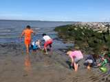 Kinderen spelen op het strand.